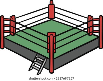 Wrestling ring with a green mat and red posts ready for competition