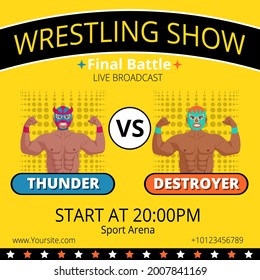 Wrestling show final battle broadcast advertising poster. Lucha libre mexican extreme wrestler wearing mask ready for sport competition performance promotion design vector illustration