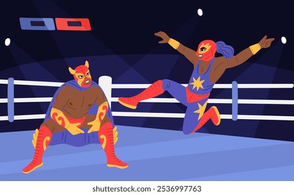 Wrestling show. Sport championship. Athletes fight at ring. Mexican luchadores in color traditional costumes and masks. Fighters battle. Lucha Libre competition. Garish