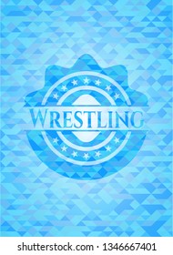 Wrestling sky blue emblem with triangle mosaic background