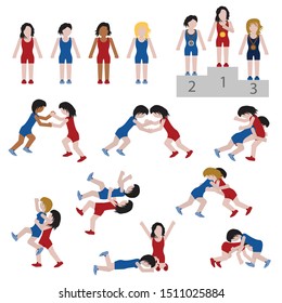 Wrestling sport female icon set. Vector.