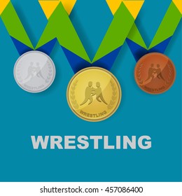 Wrestling sport icon on medal award set with Brazilian color theme designed of ribbon in vector illustration 