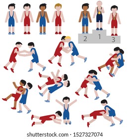 Wrestling sport men icon set. Vector.