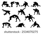 Wrestling sport silhouettes vector illustration set