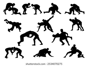 Wrestling sport silhouettes vector illustration set