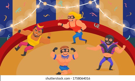 Wrestling sport, strong man action vector illustration. Athlete character in costume battle competition, male cartoon fight. Professional power fighter and angry wrestler at show ring background.