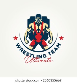 wrestling sport team with shield icon badge logo vector illustration design. simple modern martial arts MMA fighter emblem logo concept