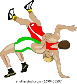 Wrestling sport with two athletes in color illustration