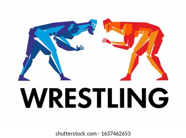 Wrestling Stylized figures of red and blue athlete prepare for battle