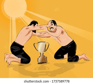 wrestling and sun yellow background