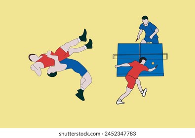 wrestling and table tennis sports illustration