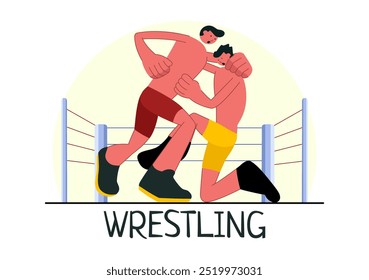 Wrestling Vector Illustration of Two Fighters in a Boxing Competition or Championship Match in an Arena in a Flat Style Cartoon Background