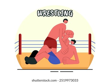 Wrestling-Vektorgrafik von zwei Kämpfern in einem Boxwettbewerb oder Meisterschaftsspiel in einer Arena auf flachem Cartoon-Hintergrund