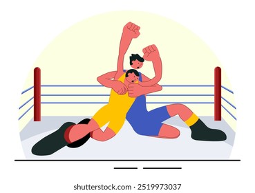 Wrestling Vector Illustration of Two Fighters in a Boxing Competition or Championship Match in an Arena in a Flat Style Cartoon Background