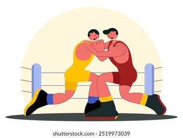 Wrestling Vector Illustration of Two Fighters in a Boxing Competition or Championship Match in an Arena in a Flat Style Cartoon Background