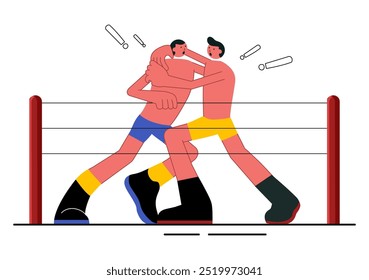 Wrestling Vector Illustration of Two Fighters in a Boxing Competition or Championship Match in an Arena in a Flat Style Cartoon Background