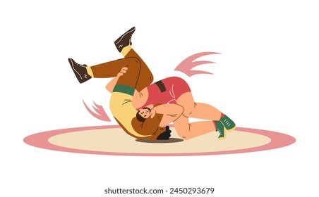 Wrestling wrestling. Vector scene of male wrestlers fighting in an arena, showing an intense match with characters in motion. Flat illustration on isolated background for design.