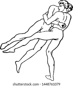 Wrestling vintage engraved illustration drawing. 