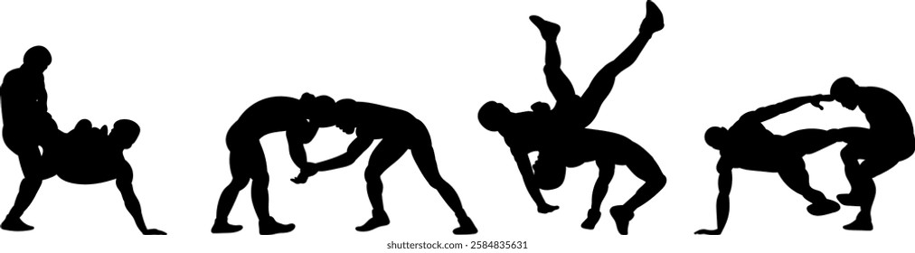 wrestling, wrestlers silhouette on white background vector