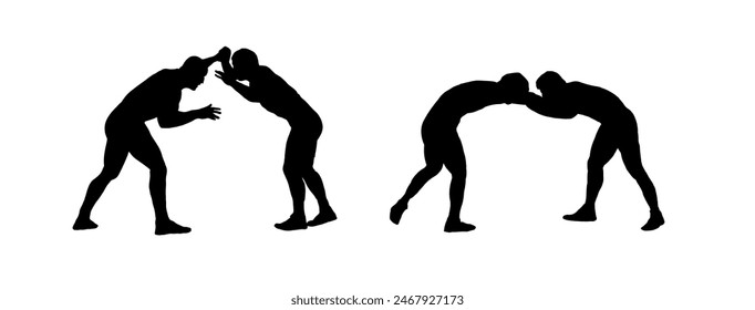 wrestling, wrestlers silhouette	- vector illustraton