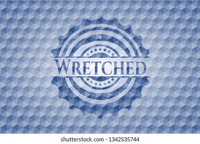 Wretched blue badge with geometric background.
