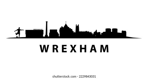 Wrexham Skyline City Landscape in Wales. Welsh Landmarks silhouettes in vector graphic.  Black and white design. Flat outline horizon artwork.