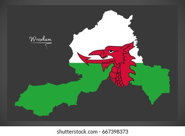 Wrexham Wales map with Welsh national flag illustration
