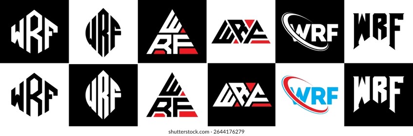 WRF letter logo design in six style. WRF polygon, circle, triangle, hexagon, flat and simple style with black and white color variation letter logo set in one artboard. WRF minimalist and classic logo