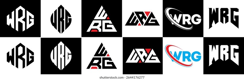 WRG letter logo design in six style. WRG polygon, circle, triangle, hexagon, flat and simple style with black and white color variation letter logo set in one artboard. WRG minimalist and classic logo