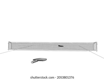 Wrieframe of a tennis table with tennis rackets from black lines isolated on a white background. Vector illustration