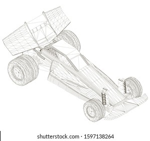 Wrieframe toy sports car. View isometric. Machine wireframe from black lines isolated on a white background. 3D Vector illustration