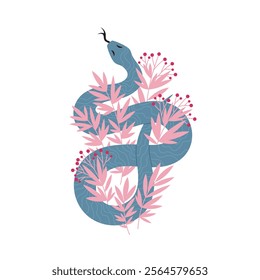 Wriggled blue snake with pink branches and red berries on white background. Chinese lunar new year symbol 2025. Vector illustration