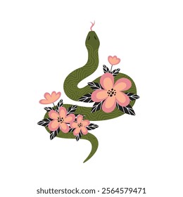 Wriggled green snake with pink flowers on white background. Chinese lunar new year symbol 2025. Vector illustration