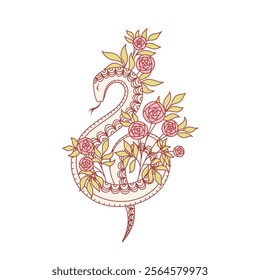 Wriggled white snake with pink rose flowers on white background. Chinese lunar new year symbol 2025. Vector illustration