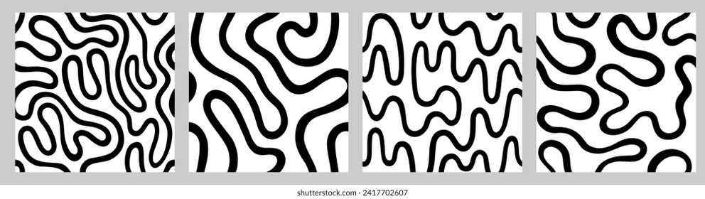 Wriggling continuous line, fluid, curved, twisted endless stripe black white seamless  vector patterns set. Liquid organic ornaments, square backgrounds. Doodle, uneven hand drawn wavy, winding lines