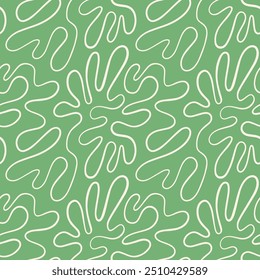 Wriggling, winding, continuous, twisted organic line seamless vector pattern. Liquid, fluid, funky chaotic ornament, trendy groovy green background. Doodle uneven hand drawn endless wavy line texture