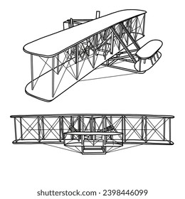 The Wright brothers' 1903 Flyer plane, side and front view, Hand drawn vector illustration of Classic Aircraft. Design for print, coloring book, Isolated on White Background
