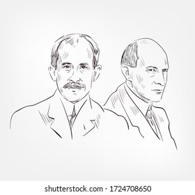 The Wright Brothers Orville And Wilbur Famous American Aviation Pioneers  Inventing, Building Airplane Isolated Vector Sketch Portrait