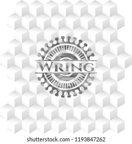 Wring realistic grey emblem with geometric cube white background
