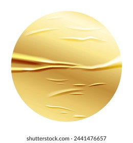 Wrinkle gold paper round sticker isolated on white. Glued effect background. Vector realistic crumpled poster. Wet greased wrinkles blank texture. Empty advertising column mockup for creative design.