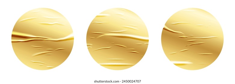 Wrinkle gold paper round stickers set. Glued effect background. Vector realistic crumpled poster. Wet greased wrinkles blank texture. Empty advertising column mockup for creative design.