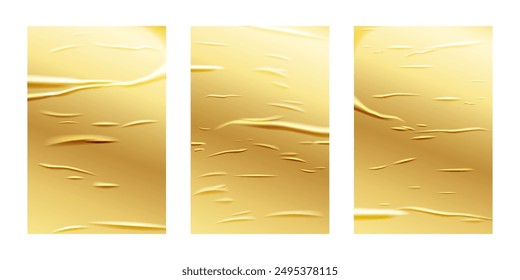 Wrinkle gold paper sheets set. Glued effect background. Vector realistic crumpled poster. Wet greased wrinkles blank template texture. Empty advertising column mockup for creative design.