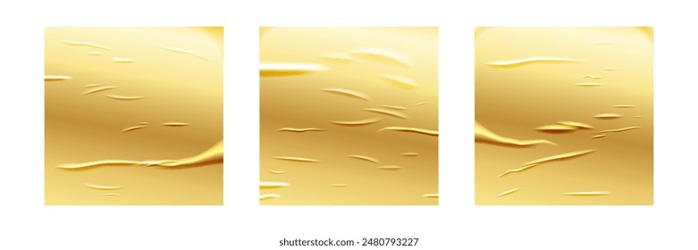 Wrinkle gold paper square poster set. Glued effect background. Vector realistic crumpled sticker. Wet greased wrinkles blank texture. Empty advertising column mockup for creative design.