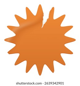 Wrinkled blank vintage old orange starburst sticker with a ripped paper edge. Sunburst, badge, price tag. Old distressed label with grunge texture for scrapbook designs.	