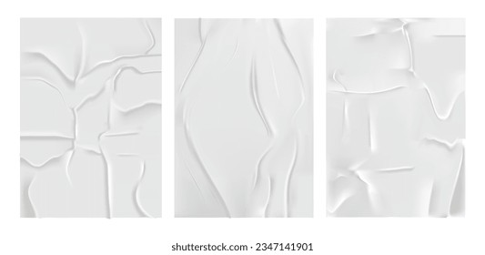 Wrinkled and crumpled glue paper texture, realistic illustration collection. Isolated blank empty pages soaked with water or glue, sheet with wrinkles and crease effect. Mockup copy space