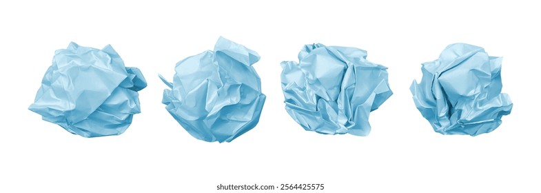 Wrinkled and crumpled paper ball, isolated damaged blue sheet. Vector wrinkly paperwork, wastepaper or document folded for recycling bin. Realistic eco material rubbish, crinkle and crumbled