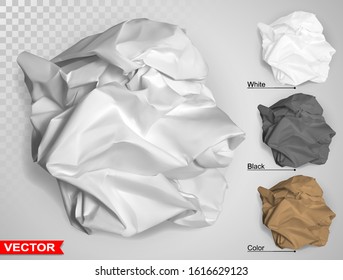 Wrinkled crumpled realistic empty brown, white and black carton paper ball texture. On gray background. Template for text banners products or business cards. Layered vector set.