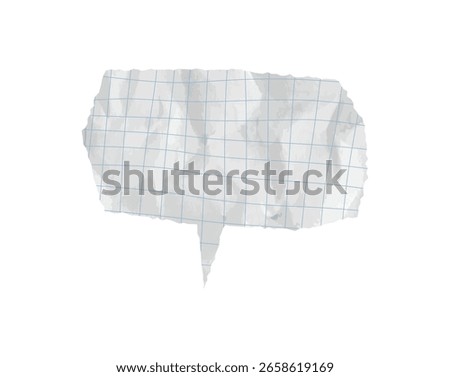 Wrinkled and crumpled torn paper speech bubble with square grid. Comic-style chat tag and note texture ideal for school cutout graphics or handmade collage. Vector illustration