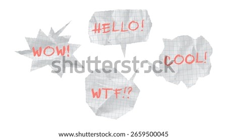 Wrinkled and crumpled torn paper speech balloons with red words: WOW, COOL, WTF, COOL square grid. Comic-style chat tags and note textures for school cut out graphics or handmade collage. Vector