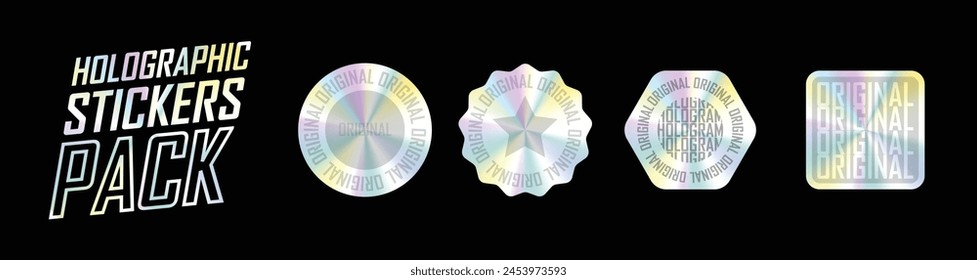 Wrinkled holographic stickers, rainbow hologram foil labels. Shiny iridescent tags with curved edges, guarantee seal emblem vector set. Illustration of realistic holograph patch